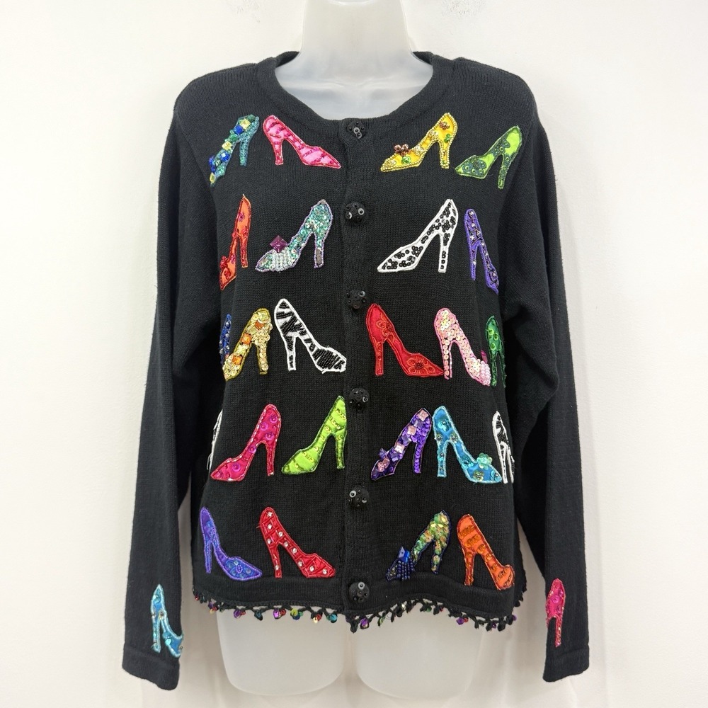 VTG 90s Jane's Closet Cardigan L High Heel AOP Novelty Art To Wear Twee Indie